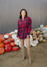 Load image into Gallery viewer, Cherry &amp; Navy Plaid Belted Romper
