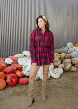 Load image into Gallery viewer, Cherry &amp; Navy Plaid Belted Romper
