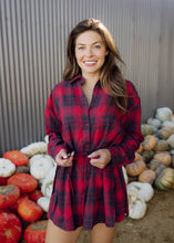 Load image into Gallery viewer, Cherry &amp; Navy Plaid Belted Romper
