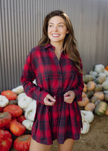 Load image into Gallery viewer, Cherry &amp; Navy Plaid Belted Romper
