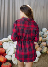 Load image into Gallery viewer, Cherry &amp; Navy Plaid Belted Romper
