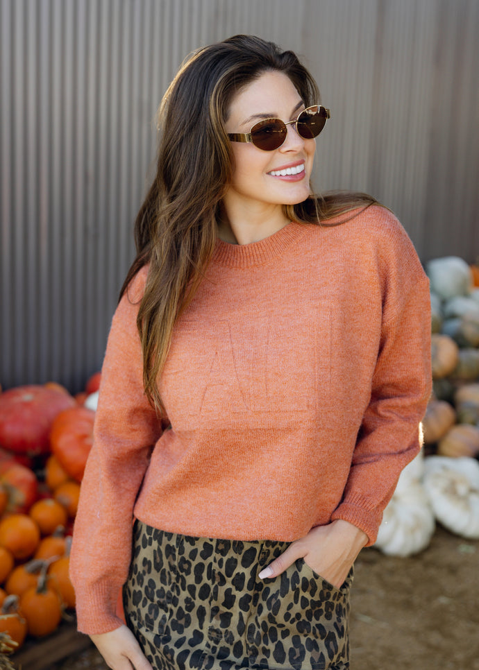 Embossed FALL Rust Sweater