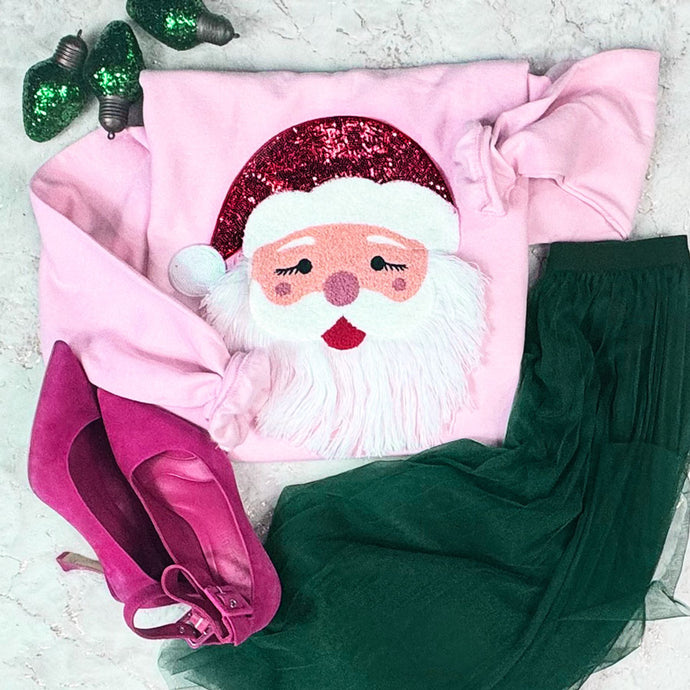 Sequin Yarn Fringe Bearded Santa Patch Pink Sweatshirt