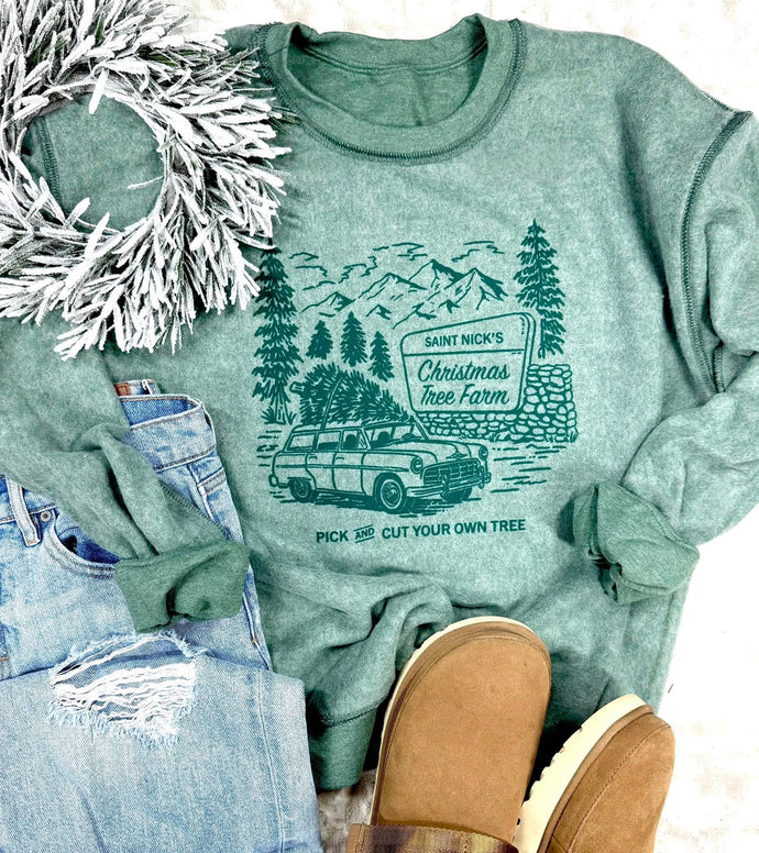 Christmas Tree Farm Inside Out Heather Green Sweatshirt