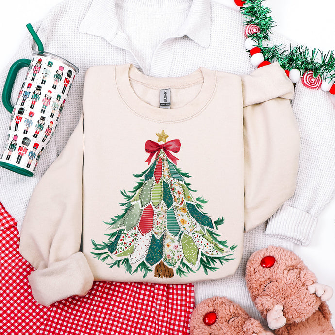 Patterned Patchwork Christmas Tree Sand Sweatshirt