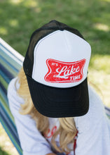 Load image into Gallery viewer, It's Lake Time DTF Printed Black and White Trucker Hat
