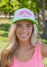 Load image into Gallery viewer, Lake It Easy DTF Printed Neon Green &amp; White Trucker Hat
