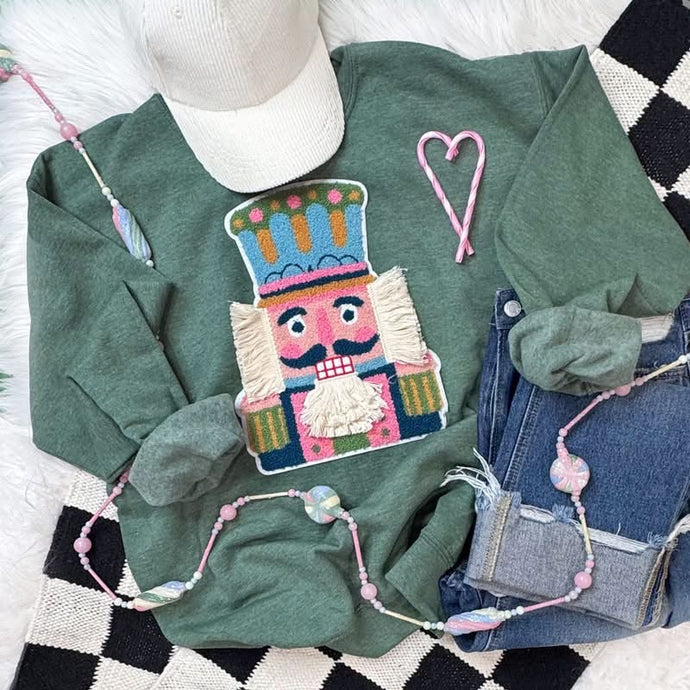 Chenille & Yarn Nutcracker Patch Heather Green Sweatshirt