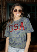 Load image into Gallery viewer, USA Metallic Puff Vintage Camo Tee
