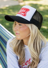Load image into Gallery viewer, It's Lake Time DTF Printed Black and White Trucker Hat

