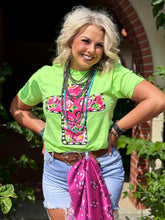 Load image into Gallery viewer, Callie Ann Stelter Pink Floral Cross Neon Green Tee
