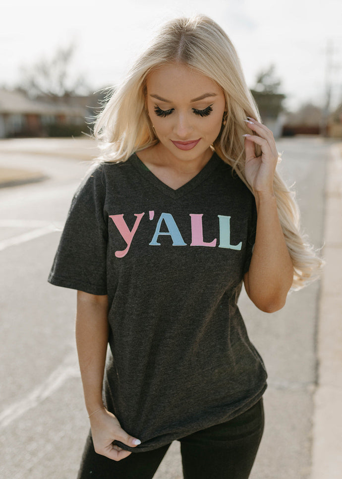 Y'all Colorful Patch Heather Black Tee
