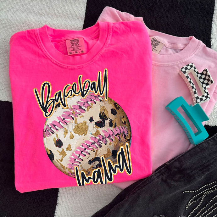 Baseball Mama Faux Glitter Neon Pink Tee