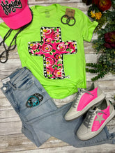 Load image into Gallery viewer, Callie Ann Stelter Pink Floral Cross Neon Green Tee
