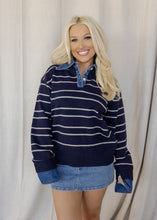 Load image into Gallery viewer, Sofia Navy Stripe &amp; Denim Contrasted Button Top
