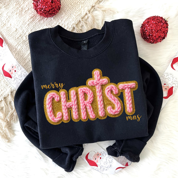 Faux Yarn Merry CHRISTmas Black Sweatshirt