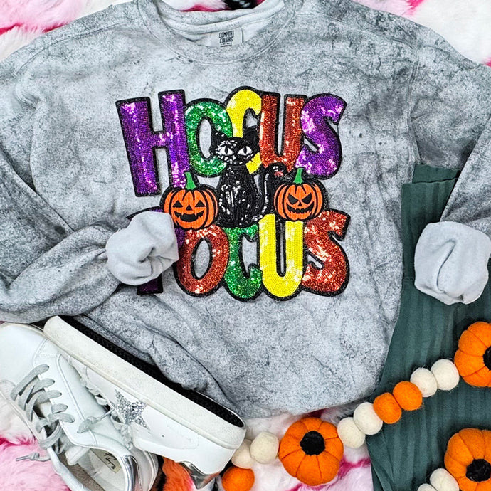 Sequin Hocus Pocus Black Cat Patch Smoke Sweatshirt