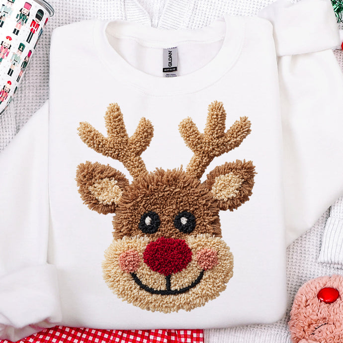 Faux Crochet Reindeer White Sweatshirt