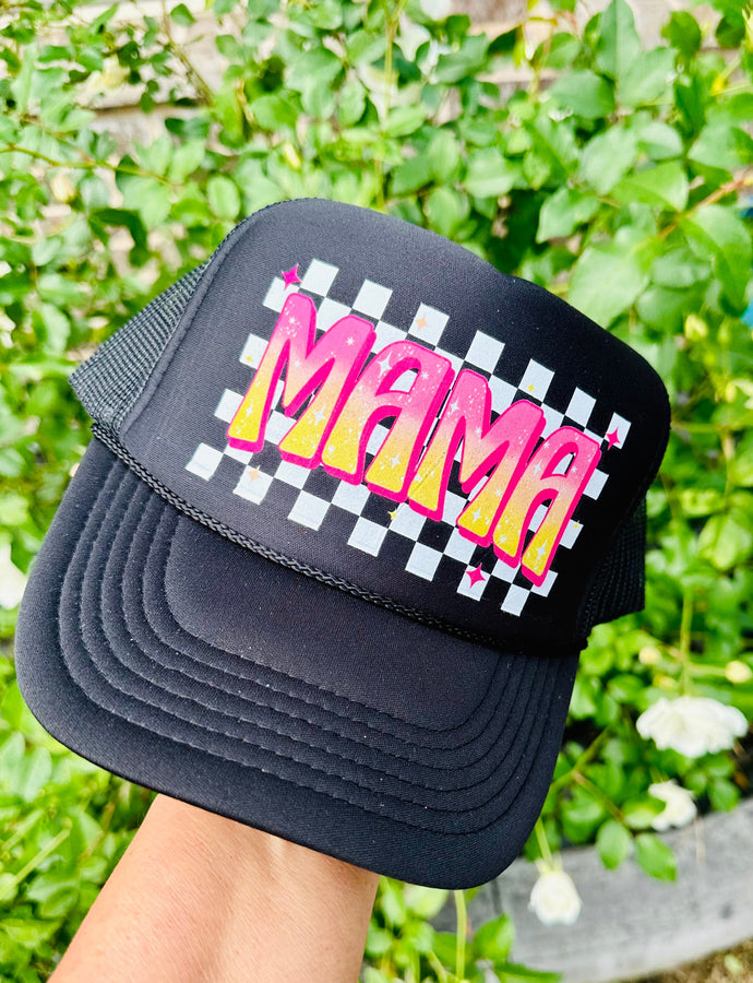 Pink Ombre Mama DTF Printed Black Trucker Hat