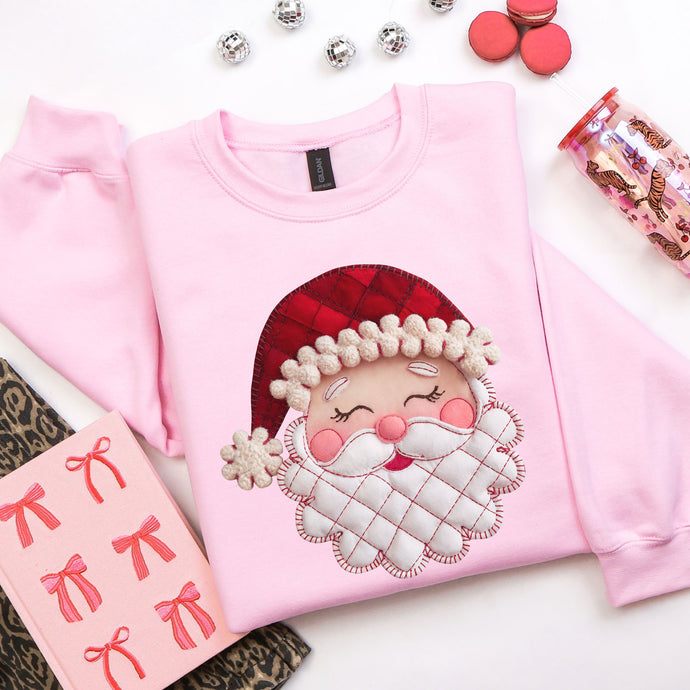 Cozy Faux Patchwork Santa Light Pink Sweatshirt
