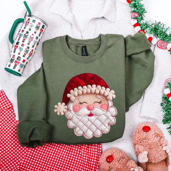 Cozy Faux Patchwork Santa Military Green Sweatshirt