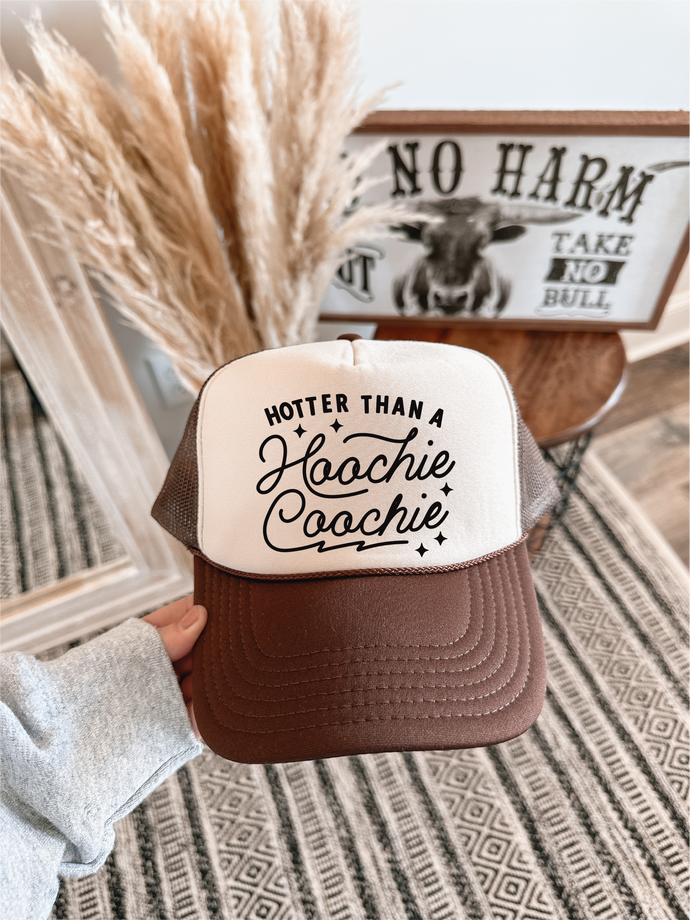 Hotter Than A Hoochie Coochie DTF Printed Brown and Tan Trucker