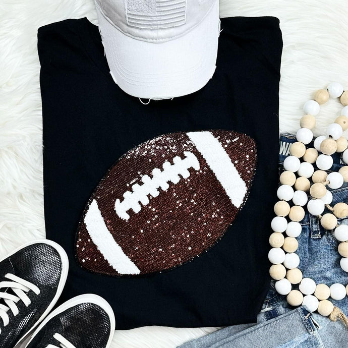 Sequin Football Chenille Patch Black Tee *Ships 10/2*