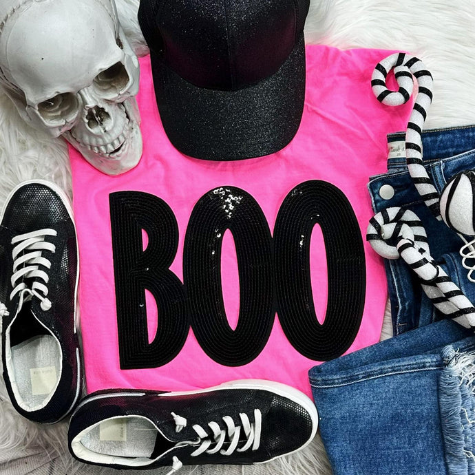 Black Sequin Boo Chenille Patch Pink Tee *Ships 10/8*
