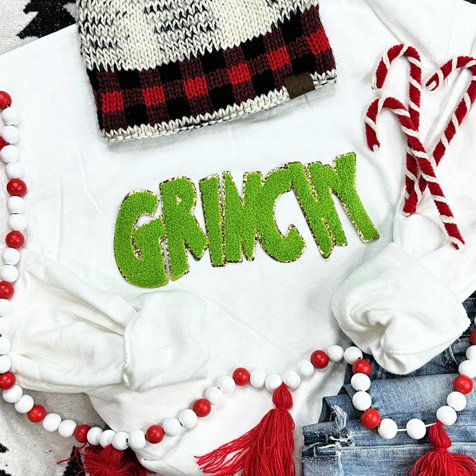 Grinchy Chenille Patch WHITE Sweatshirt *Ships 10/2*