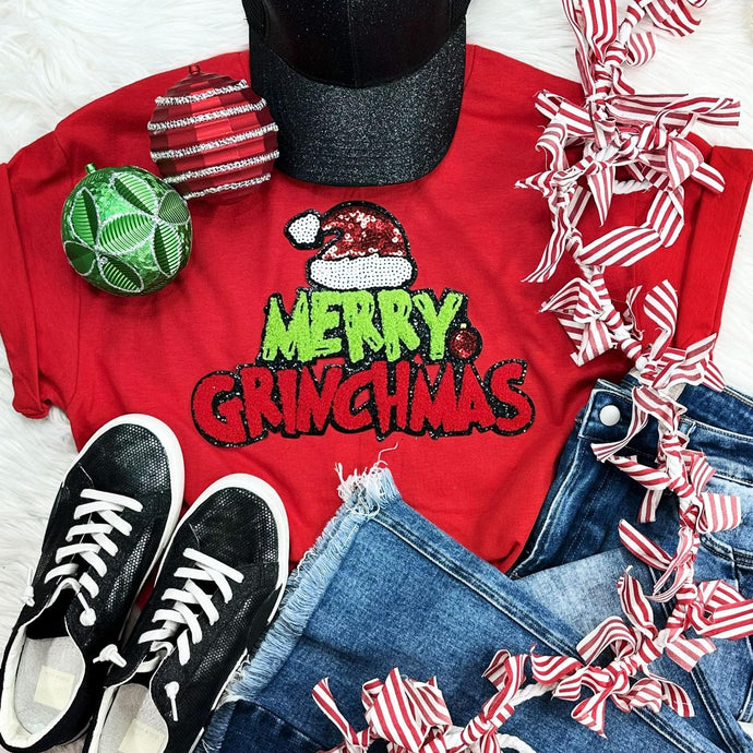 Merry Grinchmas Chenille Patch Red Tee