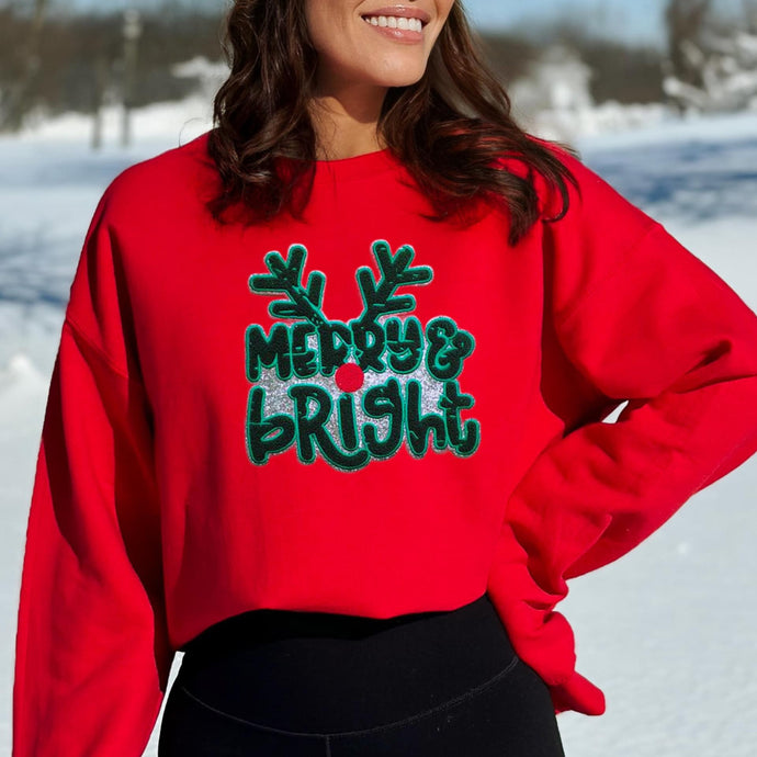 Merry & Bright Green Chenille Patch Red Sweatshirt *Ships 11/20*