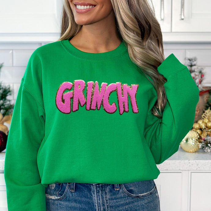Grinchy PINK Chenille Patch Irish Green Sweatshirt *SHIPS 11/20*