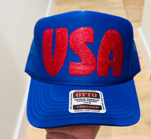 Load image into Gallery viewer, USA In Red Glitter Puff Vinyl Printed Royal Blue Trucker Hat
