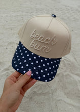 Load image into Gallery viewer, "Beach Bum" Navy Polka Dot Trucker Hat
