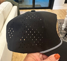 Load image into Gallery viewer, Over Par and Under The Influence Golf ball textered leather hat patch on Black Performance Rope Hat
