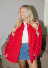 Load image into Gallery viewer, Birdie Distressed Denim Jacket - Bright Red
