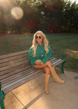 Load image into Gallery viewer, Birdie Distressed Denim Jacket - Kelly Green
