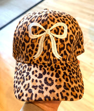 Load image into Gallery viewer, WHITE EMBROIDERIED BOW- LEOPARD BRUSHED SUEDE DAD HAT
