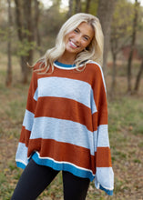Load image into Gallery viewer, Coffee &amp; Sky Blue Stripe Sweater
