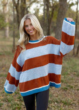 Load image into Gallery viewer, Coffee &amp; Sky Blue Stripe Sweater
