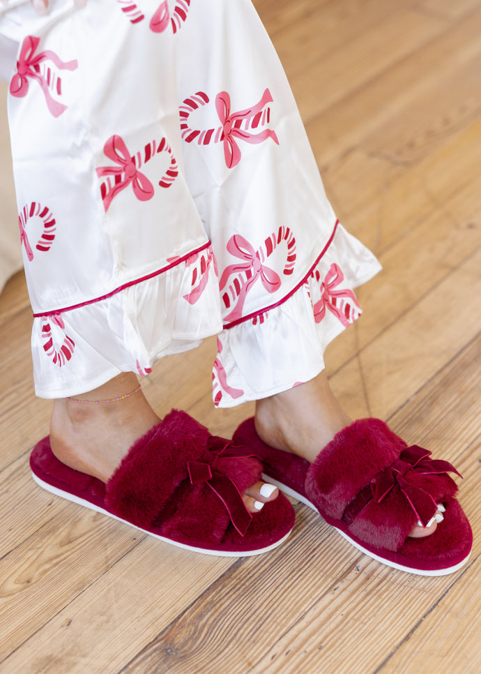 Burgundy Velvet Bow Plush Slippers