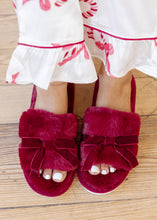 Load image into Gallery viewer, Burgundy Velvet Bow Plush Slippers
