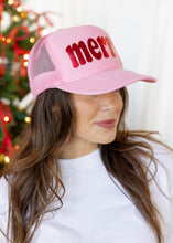 Load image into Gallery viewer, Pink &amp; Red &quot;Merry&quot; Trucker Hat
