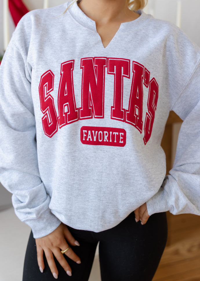 Santa's Favorite Split Neck Grey Sweatshirt