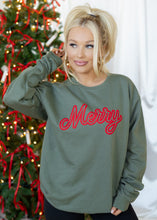 Load image into Gallery viewer, Military Green &amp; Red Puff &quot;Merry&quot; Sweatshirt
