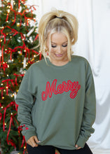Load image into Gallery viewer, Military Green &amp; Red Puff &quot;Merry&quot; Sweatshirt
