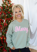Load image into Gallery viewer, Pink Chenille &quot;Merry&quot; Light Green Sweatshirt
