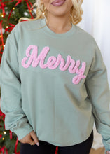 Load image into Gallery viewer, Pink Chenille &quot;Merry&quot; Light Green Sweatshirt
