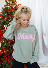 Load image into Gallery viewer, Pink Chenille &quot;Merry&quot; Light Green Sweatshirt
