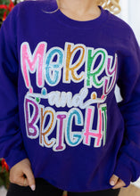 Load image into Gallery viewer, Colorful Sequin Merry &amp; Bright Patch Purple Sweatshirt
